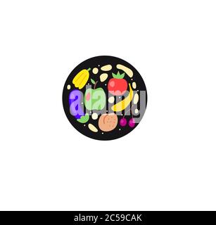 Fruit and vegetarian doodle icon, vegan sign, vegan symbol, healthy food hand drawn logo for store Stock Vector