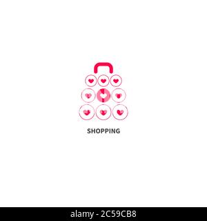 Online shopping icon with hearts, online shopping, shopping bag, present. Vector symbol Stock Vector