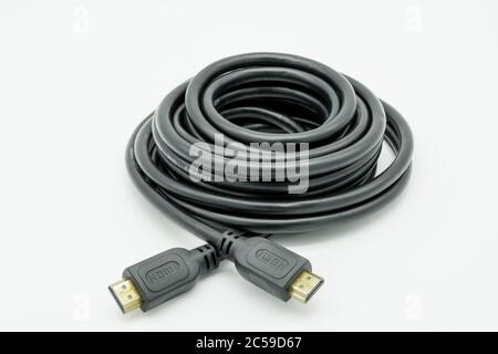 Isolated image of a new generation of HDMI to HDMI 4K TV connection cables used to connect to consoles, set top boxes and BlueRay players. Stock Photo