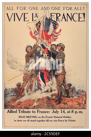 World War 1 1915 Propaganda Poster by James Montgomery Flagg 'All for One and One for All! Vive La France', original First World War WW1 lithograph poster printed USA - Stock Photo