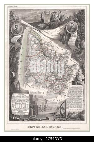 Vintage BORDEAUX WINE MAP REGIONS by V. Levasseur 1852 LITHOGRAPH  map of the French department of Gironde. This coastal department is the seat of the Bordeaux wine region and produces many of the world's finest reds. Shows numerous vineyards and chateaux. The whole is surrounded by elaborate decorative engravings designed to illustrate both the natural beauty and richness of the land. There is a short textual history of the regions depicted on both the left and right sides of the map. Published by V. Levasseur in the 1852 edition of his Atlas National de la France Illustree. Stock Photo