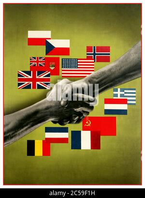 Vintage World War Two UK British 1940s propaganda poster showing the flags of the Allied Countries and a handshake, set against a green background. The Allies of World War II, called the United Nations from the 1 January 1942 declaration, were the countries that together opposed the Axis powers during the Second World War (1939–1945). The Allies promoted the alliance as a means to control German, Japanese and Italian aggression. At the start of the war on 1 September 1939, the Allies consisted of France, Poland and the United Kingdom, Stock Photo