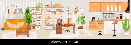Vector flat set of home living and work interiors - Living room interior, kitchen, office work place, Comfortable sofa, desk, window, chair and house Stock Vector