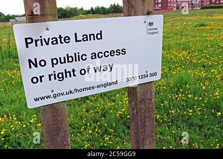 Private Land Sign, No Public Access or Right Of way,Homes-England,Homes, England,DCLG - Grappenhall Heys, Warrington, Cheshire, WA4