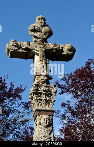 France, Haute Saone, Fresse, village, mission cross dated 1751 Stock Photo