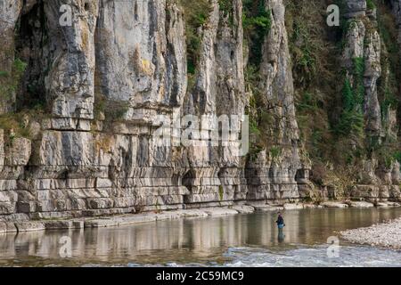 France, Ardeche, Labeaume, Fisherman on La Baume river Stock Photo