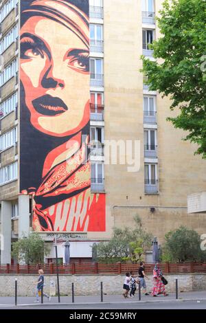 France, Paris, Boulevard Vincent Auriol, artistic route Street art 13, mural by the American artist Shepard Fairey (OBEY) dating from 2012 Stock Photo