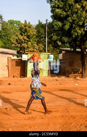 Africa, West Africa, Benin, Natitinqou. Young woman carrying a plate of carrots on her head. Stock Photo