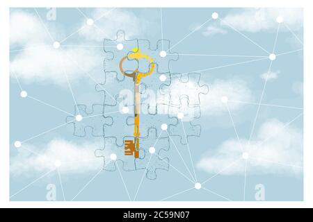 Encryption algorithms and encryption of passwords, the protection of access to personal data, the concept. A key collected from elements on a cloud. Stock Vector