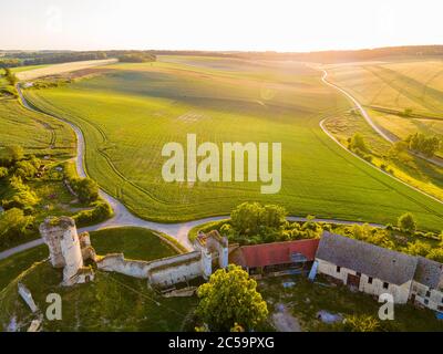 France, Eure, Epte valley, Chateau sur Epte, 12th century fortress (aerial view) Stock Photo