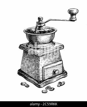 Coffee grinder sketch. Vintage illustration. Menu design for cafe and restaurant Stock Photo