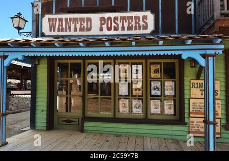 SIOUX CITY, GRAN CANARIA -  FEB 20, 2014: Wanted posters house of wild west town in Sioux City. Popular tourist attraction in Gran Canaria island Stock Photo