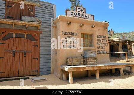 SIOUX CITY, GRAN CANARIA -  FEB 20, 2014: Street of wild west town in Sioux City. Popular tourist attraction in Gran Canaria island Stock Photo