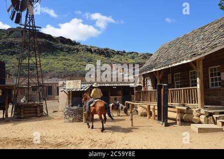 SIOUX CITY, GRAN CANARIA -  FEB 20, 2014: Street of wild west town in Sioux City. Popular tourist attraction in Gran Canaria island Stock Photo
