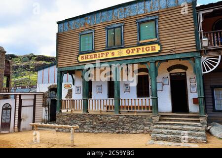 SIOUX CITY, GRAN CANARIA -  FEB 20, 2014: Street of wild west town with Sheriff office in Sioux City. Popular tourist attraction in Gran Canaria islan Stock Photo