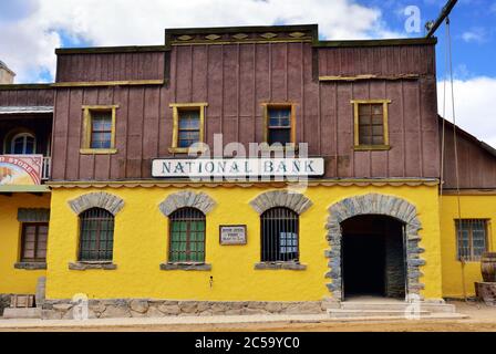 SIOUX CITY, GRAN CANARIA -  FEB 20, 2014: Street of wild west town with bank building in Sioux City. Popular tourist attraction in Gran Canaria island Stock Photo