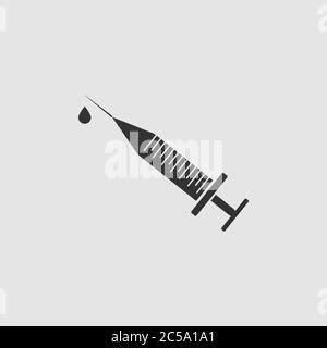 Syringe and drop icon flat. Black pictogram on grey background. Vector illustration symbol Stock Vector