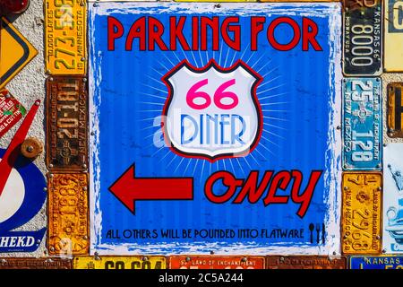 Parking for Diner 66 customers sign on Route 66 in Albuquerque, NM Stock Photo