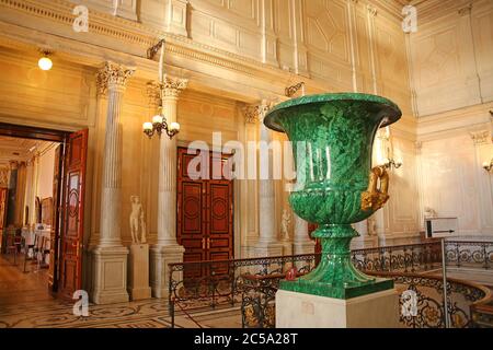 Large green jade vase at the top of the Council Staircase, in the State Hermitage museum, St Petersburg, Russia. Stock Photo