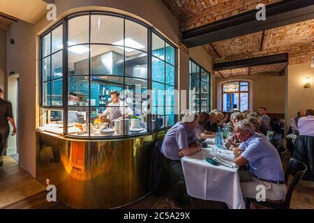 Open kitchen in the restaurant of the Hotel Renthof in Kassel Stock Photo
