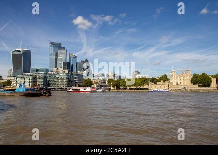 LONDON, UK - SEPTEMBER 15, 2019. London cityscape across the River Thames and a view of the Tower of London and skyscrapers. London, England, UK, Sept Stock Photo
