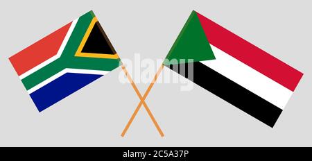Crossed flags of Sudan and RSA. Official colors. Correct proportion. Vector illustration Stock Vector
