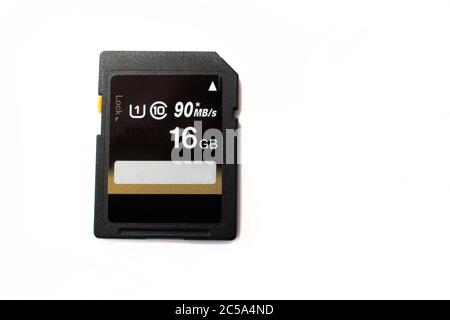 Closeup of an SD-card memory card with 16 GB capacity. Used for digital cameras, action camera, computers and other portable equipment. SD card. Stock Photo