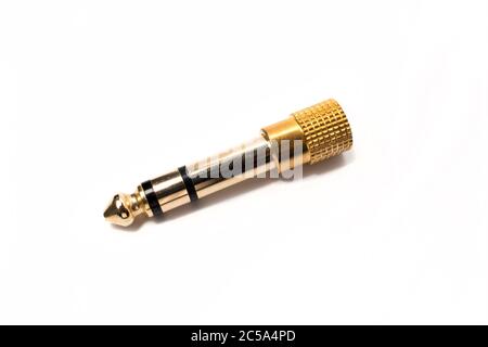 Stereo audio jack adapter plug converter from 3.5 mm to 6.5 mm. audio accessories. Stock Photo