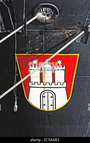 santos, brazil  - february 08 2014: coat of arms of the city of hamburg at the bow of german container vessel cap irene Stock Photo