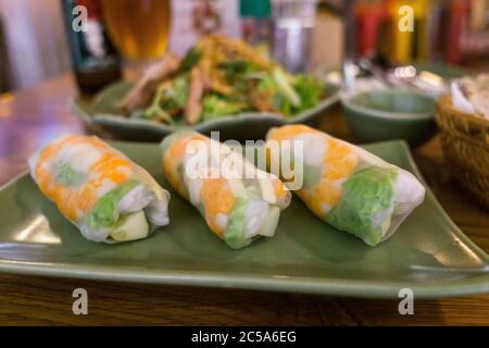 Fresh Vietnamese shrimp spring rolls served at a restaurant in Ho Chi Minh City, Vietnam. Stock Photo
