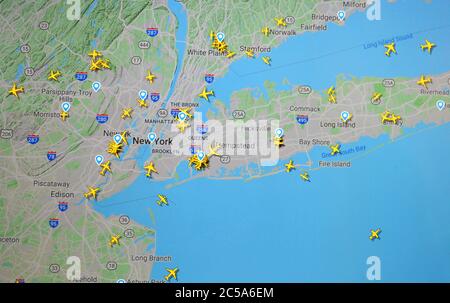 air traffic over New York region ( 01 july 2020, UTC 16.42 ), on Internet, with Flightradar 24 site by Svenska Resenätverket AB Stock Photo