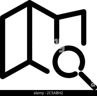 Folding paper map with small magnifying glass icon. Symbol of travelling and planning. Outline modern design element. Simple black flat vector sign with rounded corners. Stock Vector