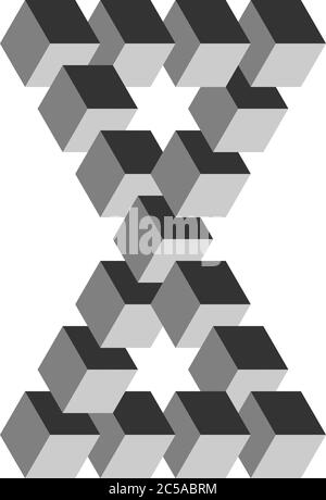Two connected impossible triangles in grey. 3D cubes arranged as geometric optical illusion. Reutersvard traingle. Vector illustration. Stock Vector