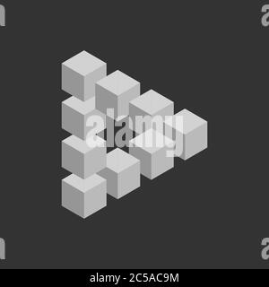 Impossible triangle in grey. 3D cubes arranged as geometric optical illusion. Reutersvard traingle. Vector illustration. Stock Vector