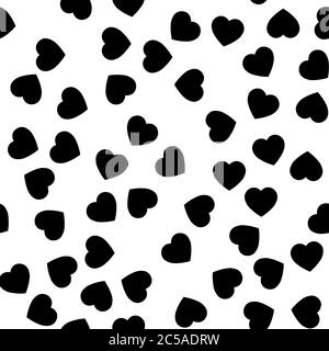 Black heart silhouettes seamless pattern. Random scattered hearts background. Love or Valentine theme. Vector illustration. Stock Vector