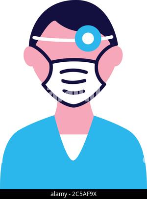male doctor wearing medical mask and lantern flat style icon vector illustration design Stock Vector