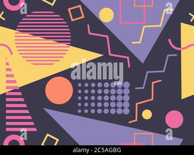 Memphis seamless pattern with geometric shapes in the style of the 80s. Multi-colored triangles, circles and zigzags for promotional products, wrappin Stock Vector