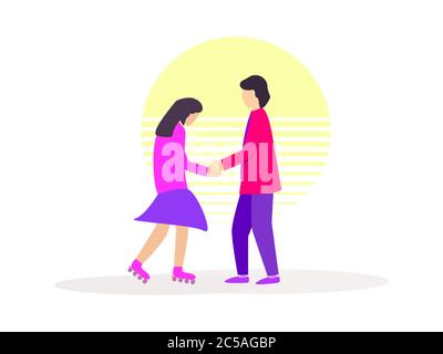 Roller girl and guy holding hands against the backdrop of the sun in the style of the 80s isolated on white background. Vector illustration Stock Vector