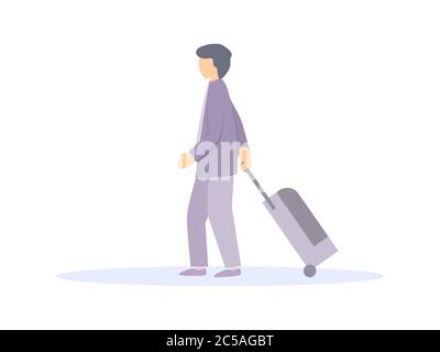 Man with a suitcase on wheels Isolated on a white background. Tourist, passenger airplane. Vector illustration Stock Vector