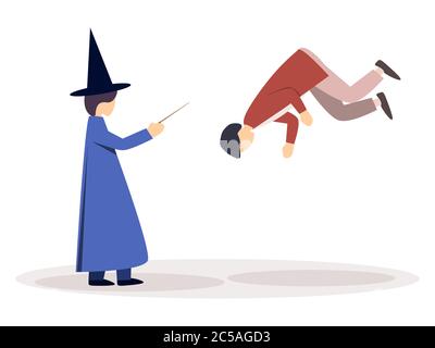 Wizard in a cloak and a witch's hat, holds a magic wand in his hand. Flies with the help of magic, levitation. Vector illustration Stock Vector