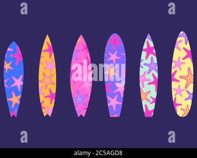 Set of surfboards with a pattern of starfish. Print surfboards isolated on white background. Vector illustration Stock Vector
