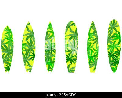 Set of surfboards with a pattern of palm leaves. Printed surfboards isolated on white background. Vector illustration Stock Vector
