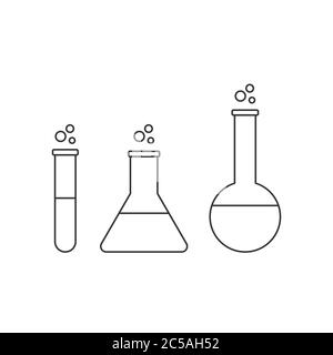 Lab glassware line icons. Test tube, erlenmeyer, flask, jar, with chemicals. Three chemistry beakers. Science research concept. Black outline on white Stock Vector