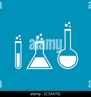 White lab glassware icons on blue background. Chemistry beakers. Science research concept. Test tube, erlenmeyer, flask, jar and chemicals. Vector Stock Vector