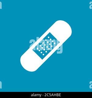 White plaster icon on blue background. Medical help concept. Adhesive bandage symbol. First aid kit element. Cuts and scrapes care.Vector illustration Stock Vector