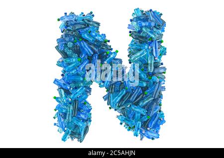 Letter N from plastic water bottles, 3D rendering isolated on white background Stock Photo