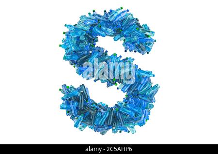 Letter S from plastic water bottles, 3D rendering isolated on white background Stock Photo