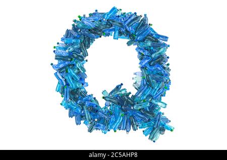 Letter Q from plastic water bottles, 3D rendering isolated on white background Stock Photo