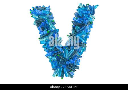 Letter V from plastic water bottles, 3D rendering isolated on white background Stock Photo