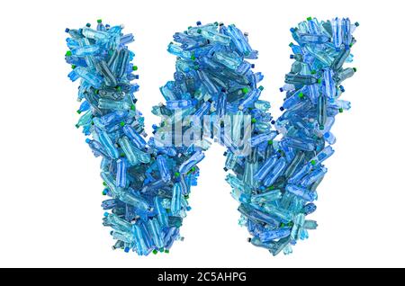 Letter W from plastic water bottles, 3D rendering isolated on white background Stock Photo